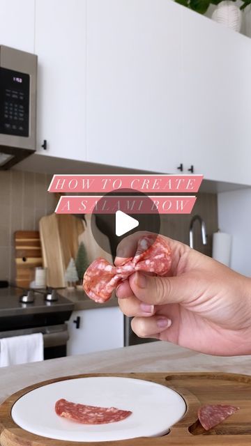 Kemper Hamilton on Instagram: "How to make the SALAMI BOW TIE 🎀 A step by step tutorial to show you how to create these cute salami bows- these are perfect for the holidays, for any board you’re gifting, or for a fun bow-tie accent on a Father’s Day board 🎉 If you try this, tag me so I can see your bows!! ✨You’ll need 2 round, foldable pieces of salami and a knife.✨ STEP 1: Cut a long rectangular strip out of one piece of salami STEP 2: Fold your second piece of salami in half so two edges meet and you have a semi circle STEP 3: Flip those edges back outward while keeping the original middle fold, pinching the center  STEP 4. Wrap the thin salami strip from step 1 around the center of your folded salami That’s it! Kind of hard to put into words, but hopefully the video helps too!!  . . . Salami Bows, Salami Bowtie, How To Fold Salami, How To Fold Salami For Charcuterie, Salami Rolls, Charcuterie Board Meats, Salami And Cheese, Parma Ham, Christmas Appetizers