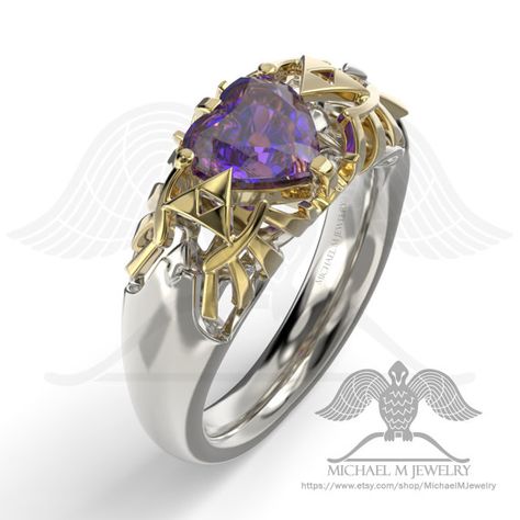 Legend of Zelda Hyrule Crest HEART purple .925 by MichaelMJewelry Yellow Stone Engagement Ring, Zelda Rings, Zelda Engagement Ring, Zelda Wedding, Zelda Ring, Smaragd Ring, Green Emerald Ring, Geek Jewelry, Yellow Stone