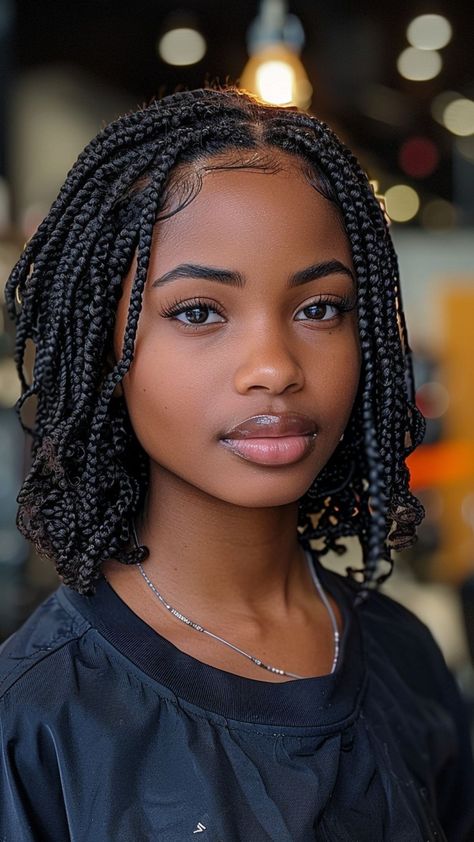 20 Box Braids Hairstyles with Irresistible Curly Ends Short Hairstyle Black Woman Braids, Box Face Hairstyles, Short Braids For Black Hair, Shoulder Length Hairstyles For Black Women, Short Box Braids For Black Women, Braids Shoulder Length, Short Medium Box Braids, Shoulder Length Braids With Curly Ends, Short Black Hairstyles Braids