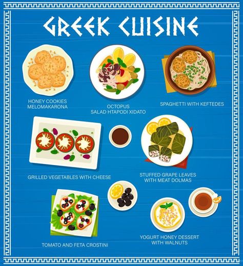 Greece Meals, Greece Food Traditional, Ancient Greek Food, Restaurant Graphics, Greek Menu, Honey Dessert, Recuerdos Primera Comunion Ideas, Greece Food, Stuffed Grape Leaves