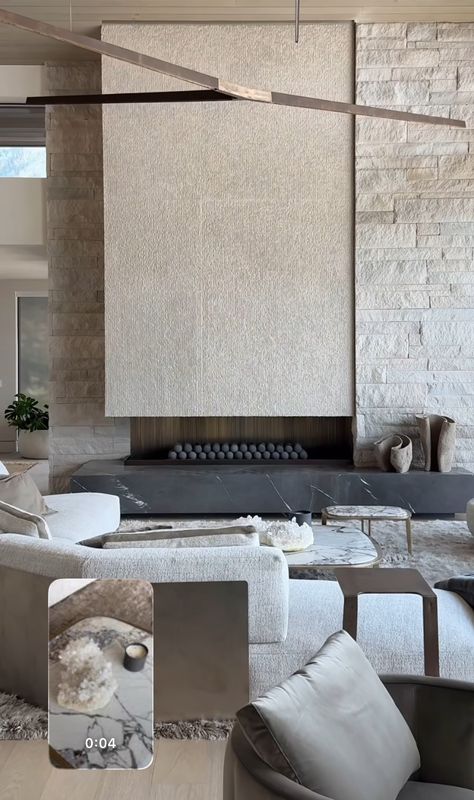 Huge Modern Living Room, Micro Concrete, Fireplace Modern Design, Contemporary Fireplace Designs, Media Fireplace, Fireplace Feature Wall, Floating Fireplace, Luxury Landscaping, Timber Slats