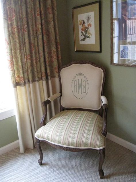 another idea for grandma's chairs when i decide to recover them. Monogram Chair, Upholstered Chairs Diy, Masters Chair, Diy Furniture Upholstery, Grill Design, Diy Chair, Furniture Upholstery, Take A Seat, Upholstered Furniture