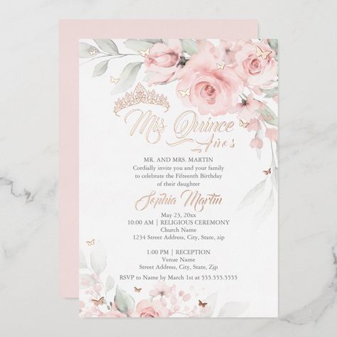 Xv Invitations, 15th Birthday Invitations, Rose Gold Quinceanera, Quinceanera Pink, Fifteenth Birthday, Quinceanera Themes Dresses, Pink Quince, Quince Invitations, Quinceanera Dresses Pink