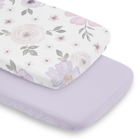 PRICES MAY VARY. 2 Pack Bassinet Sheet Set: 32in. x 19in. x 4in. each. WILL NOT FIT STANDARD SIZE OR MINI CRIBS Pack of 2 Brushed Microfiber Sheets Set - (1) Lavender Purple, Blush Pink, Grey and White Bohemian Shabby Chic Farmhouse Boho Floral Watercolor Rose Flower Print paired with (1) Solid Color Lavender Add a pack and play bassinet sheet to your list of must haves for your newborn! This rectangle bassinet sheet is stretchy and comfortable to give your infant the perfect setting for a good Purple Crib Bedding, Lavender Nursery, Nursing Pillow Covers, Bassinet Mattress, Baby Sheets, Newborn Nursery, Baby Shower Gift Basket, Bassinet Sheets, Sweet Jojo Designs