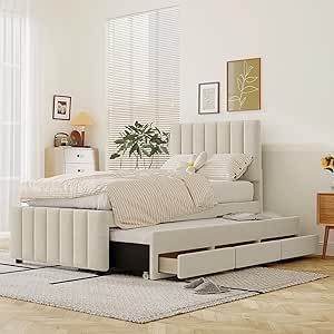 Twin Bed Frame with Trundle Bed and Storage Drawers,Linen Upholstered Bed Frame,Twin Size Trundle Bed with Adjustable Headboard,Upholstered Platform Bed Twin for Kids Teens Adults,Beige Trundle Bed Ideas Guest Rooms, Queen Over Queen Bunk Beds, Kids Twin Bed Frame, Trundle Bed Kids, Linen Upholstered Bed, Platform Bed With Trundle, Fabric Upholstered Bed, Kids Twin Bed, Twin Trundle Bed