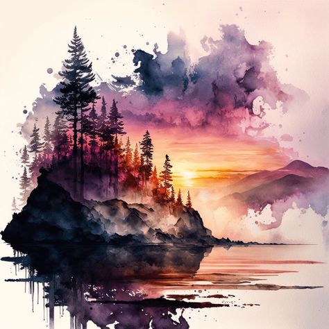 Water Colour Paint Ideas, Easy To Paint Watercolor, Watercolor Art Fantasy Landscape, Watercolor Nature Tattoo, Watercolor Sketch Ideas, Cool Watercolor Paintings, Tattoo Ideas Watercolor, Water Colour Ideas, Nature Watercolor Paintings