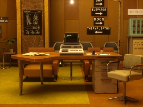 Space Age Office Design from 70s by Cem Tezcan - https://bit.ly/37C2M7T Textured with #Substance3DPainter and #Substance3DDesigner #interiordesign #visualisation #scifi #realism #digitalart #3Ddesign #gameart #MadewithSubstance 70s Office, Space Age Aesthetic, The Grand Budapest Hotel, 70s Interior, Retro Interior Design, Retro Office, Grand Budapest, Grand Budapest Hotel, Budapest Hotel