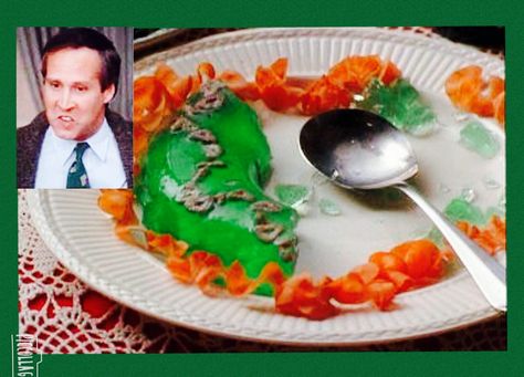 Christmas Vacation (1989) - [Aunt Bethany's jello mold has little dry cat food stars in it] CLARK: Aunt Bethany, by any chance does your cat eat jello?  COUSIN EDDIE: I don't know about the cat, but I sure am enjoying it, Clark. You want to load me up with a little more? It is goo-ood! Christmas Jello Mold, Griswold Christmas Party, Aunt Bethany, National Lampoon Christmas, Christmas Jello, Jello Mold Recipes, Tacky Christmas Party, Christmas Vacation Party, Lampoons Christmas Vacation