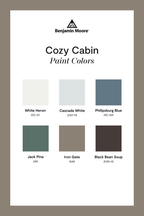 Feeling like you just want to get away? Imitate the rustic charm of a warm, welcoming enclave with this Cozy Cabin paint color palette from Benjamin Moore. Including forest green, lakeside blue, and a goes-with-anything toasted neutral, use these rustic-ready paint colors to help complement natural materials and bring to mind bucolic views. Cedar Mountain Benjamin Moore, Olympic Mountains Benjamin Moore, Cabin Paint Colors Interior, Log Cabin Interior Paint Colors, Cabin Color Palette, Interior Color Inspiration, Cabin Paint Colors, Cabin Style Home, Jack Pine