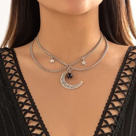 Vintage Exaggerated Chain Necklace Hollow Moon Star Shape Pendant Adjustable Double Layers Necklace 1 Pc | Shop On Temu And start Saving | Temu Character Faces, Moon Phases Necklace, Double Layer Necklace, Layered Necklaces Silver, Bohemian Look, Star Moon, Moon Charm, Necklace Choker, Copper Metal