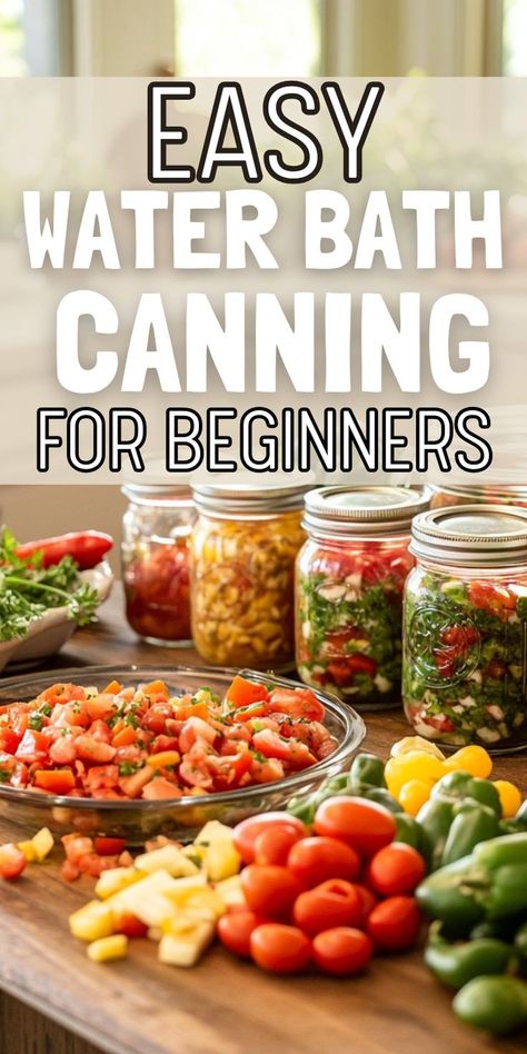 Easy Water Bath Canning for Beginners" text over a kitchen scene with jars of preserved vegetables, fresh chopped salsa, and colorful ingredients on a wooden counter. Water Bath Canning For Beginners, Canning Planner, Canning For Beginners, High Acid Foods, Easy Canning, Canning Process, Low Acid Recipes, Canning Food Preservation, Canning Supplies