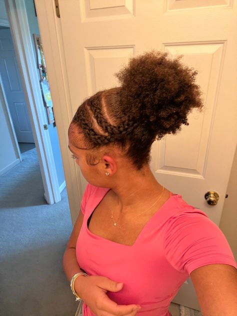 Cornrow Into Bun Natural Hair, Two Braids Into Ponytail Natural Hair, Braids Into Ponytail Natural Hair, 2 Braids Natural Hair, Conrows Lines Natural Hair Short, Short Cornrows, Natural Hair Styles With Braids, Cornrow Bun, Two Cornrow Braids