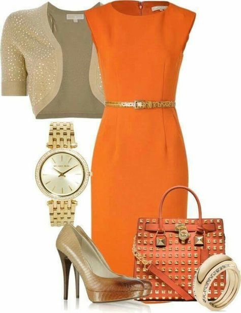 Love this outfit! Orange Dress Accessories, Orange Dress Outfit, Dresses Brown, Body Con Dress Outfit, Office Casual Outfit, Orange Outfit, Stiletto Pumps, Professional Outfits, Dress Outfit