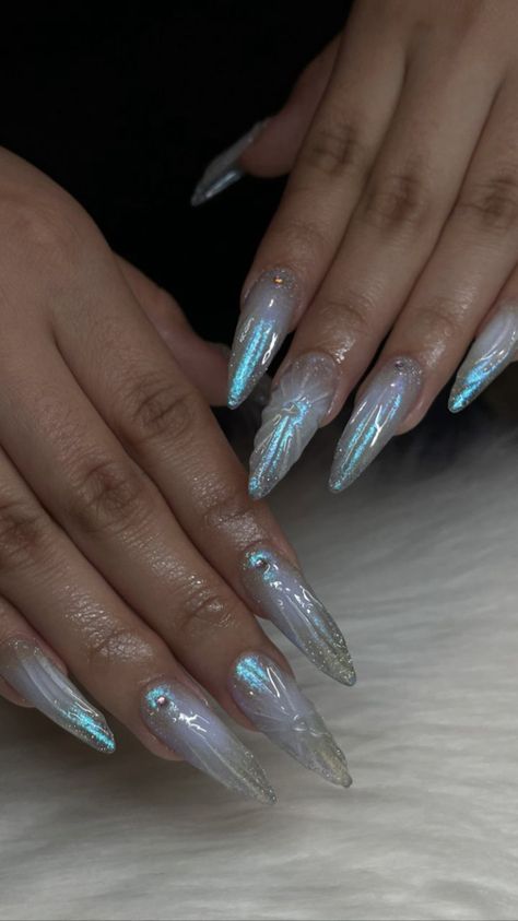 Winter Fairy Nails, Baby Blue Silver Nails, Icey Nails Winter, Blue Frosty Nails, Blue Fairy Nails, Fairy Nails Acrylic, Ice Blue Nails Winter, Icy Blue Nails, Frosty Nails