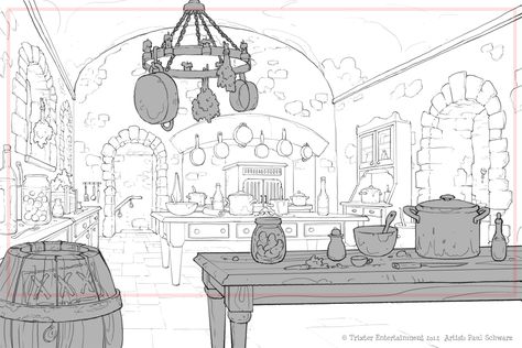 Kitchen Background Drawing, Background Line Art, Mansion Background, Animation Artist, Kitchen Background, Perspective Drawing Architecture, Bg Design, Digital Painting Techniques, Props Art