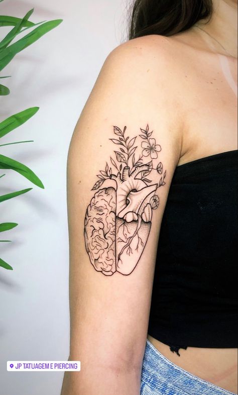 Brain Heart Flower Tattoo, Heart And Brain Tattoo With Flowers, Half Heart Half Brain Tattoo, Brain And Heart Tattoo, Love Finger Tattoo, Heart Flower Tattoo, Anatomical Tattoos, Enough Tattoo, Half A Heart