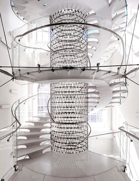 When the managers of London’s landmarked Somerset House needed to replace an outdated staircase, they turned to Eva Jiricna Architects. In 2013, the British studio completed what came to be known as the Miles Stair, after former Somerset House Trust director Gwyn Miles. This stunning staircase is cast out of high-performance fiber-reinforced concrete. House Staircase, Escalier Design, Somerset House, Exterior Stairs, Spiral Stairs, Stair Steps, Interior Stairs, Interior Design Magazine, Spiral Staircase