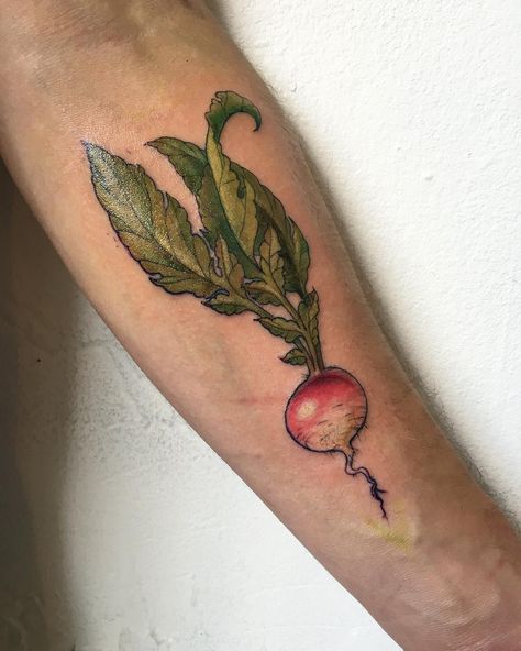 Alice Bea Guerin on Instagram: “Super fun little #radishtattoo for Bryan! Thanks buddy. #knoteyestudio #foodtattoo” Radish Tattoo, Food Tattoos, Art Tattoo, Walking, Embroidery, Tattoos, Canvas, On Instagram, Quick Saves