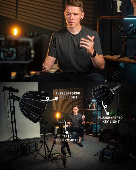 YouTube studio set up list： 2*FL225B Bi-color Video Light with parabolic softbox TP10 10" Teleprompter 📷 @mikusausters #feelworld #feelworldlight #feelworldfsp60 #feelworldfsp90 #feelworld225b #videomaker #videographer #cienmatographer #lightpainting #lightsetup #bts #behindthescenes #behindthecamera #creative #creativevideo #videoproduction #filmset #cine #youtuber #youtubestudio Tiktok Live Setup, Youtube Office Setup, Photography Studio Aesthetic, Home Youtube Studio, Youtube Studio Setup, Video Lighting Setup, Youtube Backdrops, Studio Music Room, Rollup Design