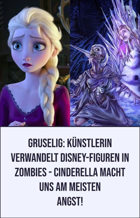 Disney-Prinzessinnen sehen meist makellos perfekt aus. Schöne lange Haare, edle Kleider und keine Macken oder Fehler. Eine Künstlerin zeigt, wie die Figuren als Zombies aussehen würden - und wer ganz aufmerksam ist, wird im Hintergrund etwas ganz besonderes erkennen! Pocahontas, Zombie, Cinderella, Disney Princess, Disney Characters, Disney, Fictional Characters, Pins, Zombies