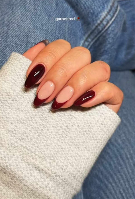 November Nails Aesthetic, French Dark Red Nails, Bordo Red Nails, Dark Red Acrylic Nails Almond, Red Beige Nails, Dark Red Fall Nails Design, Dark Cherry Red Nails French Tip, Nails November 2023, Dark Red Nails With Design Burgundy