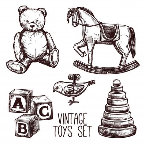 Toys Painting, Toys Illustration, Toys Drawing, Vintage Teddy Bears, Illustration Vintage, Creative Sketches, Retro Toys, Pencil Illustration, Rocking Horse