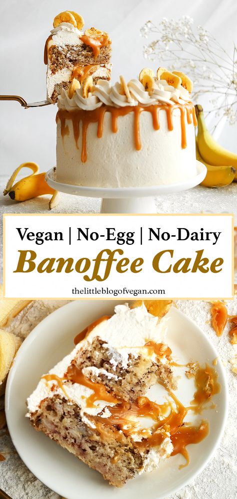 Tall Pinterest pin of a vegan banoffee cake. Paleo Cake Recipes Birthday, Vegan Poke Cake, Moist Vegan Cake, Vegan Moist Cake, Vegan Cake Ideas, Vegan Cakes Easy, Vegan Healthy Cake, Vegan Black Forest Cake, Vegan Recipes Baking