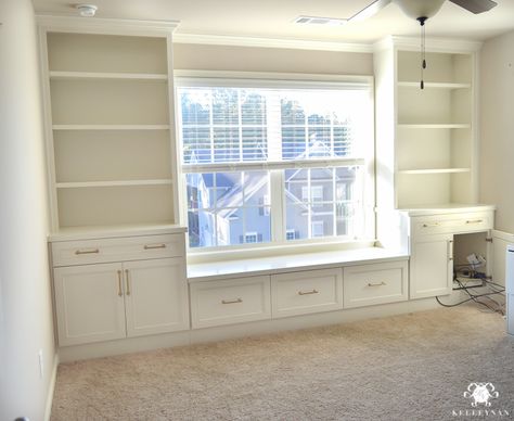 One Room Challenge- Week 2: The Office Built-Ins are Installed! | Kelley Nan Built In Using Ikea Cabinets, Built In Shelves In Playroom, Book Shelf In Office Room, Office Cabinets Around Window, Kitchen Storage Unit, Bedroom Built Ins, Kitchen Storage Units, Window Seat Design, Window Seat Storage