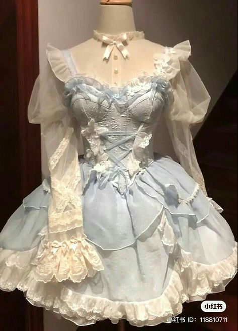 Blue Coqquete Aesthetic, White And Blue Dress Aesthetic, Cute Coquette Dress, Cute Outfits Dresses Girly, Coquette Blue Dress, Blue Idol Outfit, Coquette Dresses Aesthetic, Fancy Blue Outfit, Oc Dress Ideas