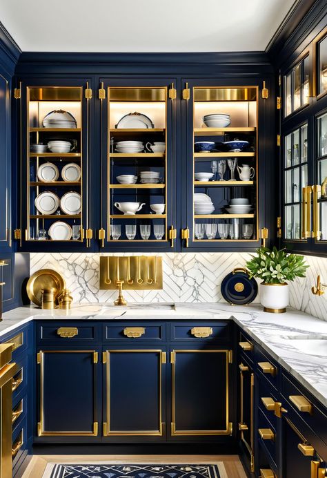 A stunning navy and brass Butler’s Pantry that exudes classic elegance, combining vintage brass touches with modern sophistication for a unique kitchen design.#NavyKitchen #BrassAccents #ClassicPantry #VintageKitchenDecor Kitchen Styling Modern, Unique Kitchen Design, Navy Kitchen, Kitchen Decor Signs, Small Kitchen Island, Inside Decor, U Shaped Kitchen, L Shaped Kitchen, Beautiful Home Designs