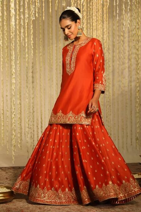 Buy Orange Kurta And Sharara: Silk Chanderi Mishika Paisley Butti Set For Women by Sheetal Batra Online at Aza Fashions.