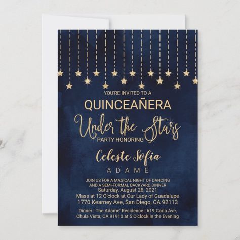 Under the Stars Navy Blue Gold Sparkle Quinceañera Invitation | Zazzle.com Outside Party, Watercolor Night Sky, Quinceañera Invitation, Sweet 16 Themes, Hanging Stars, Sweet 16 Birthday Party, Sweet Sixteen Birthday, Sweet 16 Invitations, Camping Party