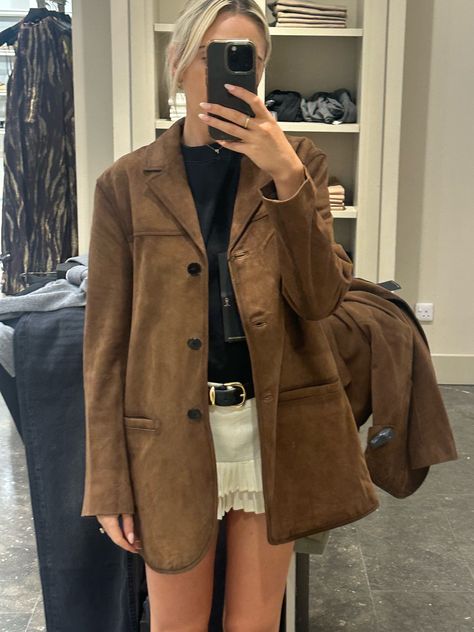 Suede leather blazer co-ord curated on LTK Suede Brown Jacket Outfit, Brown Suede Jacket Outfit, Leather Suit Jacket, Brown Jacket Outfit, Cropped Jacket Outfit, Suede Jacket Outfit, Tan Suede Jacket, Suede Jacket Women, Oversized Sweater Outfit