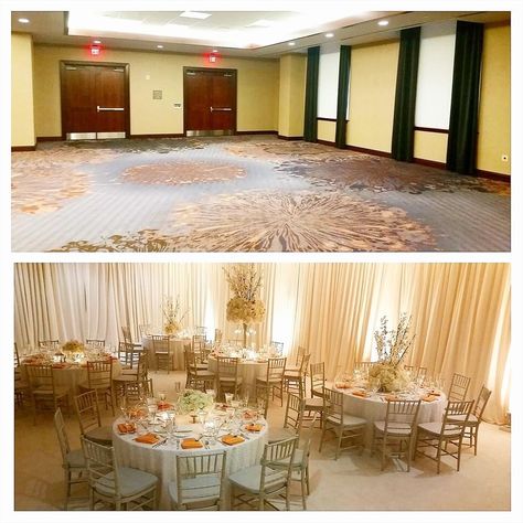 Ballroom Transformation! New Carpet, Draping and Up lighting! Basement Wedding Reception Decor, Small Wedding Hall Decorations, Banquet Room Wedding Reception Ideas, Wedding Venue Transformation, Wall Draping Wedding, Venue Transformation Wedding, Wedding Hall Transformation, Small Wedding Hall, Ballroom Transformation Wedding