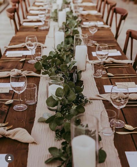 Wood Table Decorations Wedding, Modern And Rustic Wedding Decor, Wedding Eucalyptus Table, Rustic Boho Wedding Sage Green, Table Runner Eucalyptus, Fall Neutral Wedding Decor, Centerpieces Wedding Sage Green, Wedding Table Lots Of Candles, Wedding Farm Tables With Runners