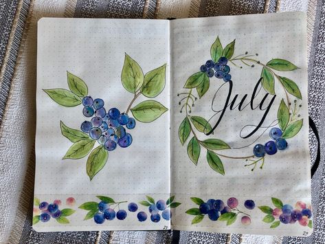 Blueberry Bullet Journal, July Watercolor, July Bullet Journal, Journal Weekly, Bullet Journal Weekly Spread, Bullet Journal Themes, Journal Inspo, Journal Themes, Bullet Journal Spread