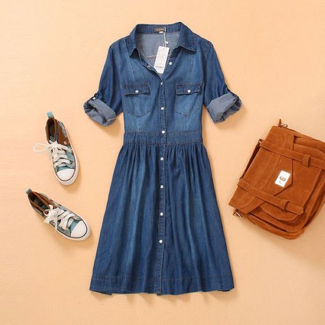 Lady's Denim One Piece Dress Denim Dress Photoshoot, Blue One Piece Dress, Denim One Piece Dress, Denim One Piece, Denim Shirt Dress Women, Sukienki Maksi, Denim Sundress, Fun Leggings, Patterned Scarf