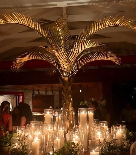 The Dreamiest Supermodel-Filled Wedding In St. Barths Palm Tree Wedding Ceremony, Art Deco Wedding Ceremony, St Barts Wedding, St Barths Wedding, Palm Tree Wedding Decor, Caribbean Wedding Ideas, 1920s Wedding Decorations, Art Deco Wedding Centerpieces, Old Hollywood Decor