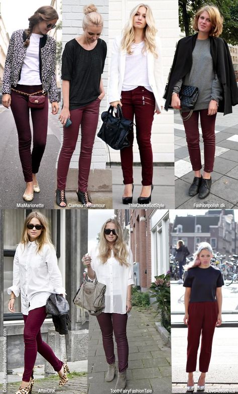 kept seeing people wearing these this week and now i want maroon / burgundy skinny jeans! Outfit With Burgundy Pants, Outfit Pantalon Vino, Burgundy Jeans Outfit, Burgundy Pants Outfit, Wine Pants, Mode Ab 50, Maroon Jeans, Maroon Pants, Burgundy Outfit