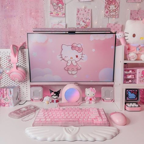 Kawaii Desk Setup, Pink Among Us, Kuromi Room, Keyboard Aesthetic, Cutecore Room, Aesthetic Reference, Kawaii Desk, Instagram New Post, Images Hello Kitty