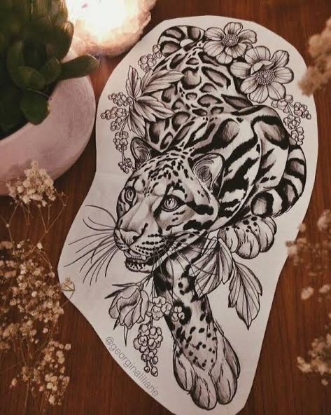 Woman And Leopard Tattoo, Leopard Bicep Tattoo, Leopard Rose Tattoo, Jaguar Tattoo Thigh, Cheetah Floral Tattoo, Egyptian Inspired Tattoos, Big Cat Tattoo Design, Tiger And Lotus Tattoo, Big Bicep Tattoo