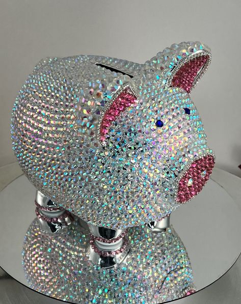 Hand Designed AB Rhinestone Chrome Ceramic Piggy Bank Music Childrens Gifts Bling Glam Baby Bedroom Valentines! Diy Rhinestone Crafts, Nursery Gifts, Ceramic Piggy Bank, Bling Ideas, Rhinestone Cups, Rhinestone Projects, Rhinestone Crafts, Bling Crafts, Baby Bling