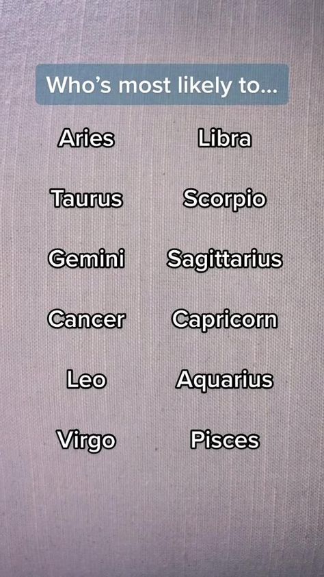 Who's most likely to.... Free Zodiac reading In Bio | Zodiac signs sagittarius, Zodiac signs, Zodiac signs funny Zodiac Signs As Mental Disorders, Zodiac Group Chat, Zodiac Signs As Supernatural Beings, Meet The Earth Signs, Meet The Air Signs, Astrology Signs Dates, Deluxe Nails, Gemini And Sagittarius, Leo And Aquarius