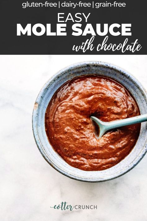 An Easy Mole Sauce made with pasilla pods, creamy almond butter, and chocolate. It's a gluten-free and dairy-free mole sauce recipe that's perfect for chilis, enchiladas, and tacos! Easy Mole Sauce, Smokey Chili, Mole Sauce Recipe, Cotter Crunch, Pulled Pork Chili, Creamy Sauces, Chili Enchiladas, Mole Recipe, Pork Chili