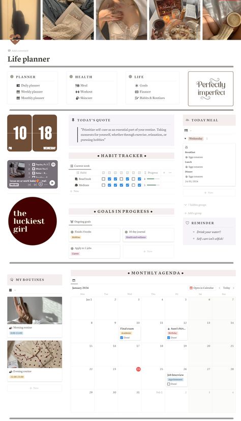 Ultimate life planner | All-in-one notion template - Stella's Ko-fi Shop Notion Career Template, Coquette Template, Notion School, Habits Aesthetic, Notion Weekly, Notion Tracker, Skincare Tracker, Body Progress, Groceries List