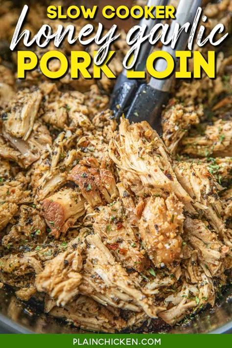 Slow Cooker Honey Garlic Pork Loin – Dangerously delicious! Super simple to make and it tastes great! Pork loin, parmesan cheese, olive oil, garlic, honey, soy sauce, oregano, basil, salt, and pepper. Dump everything in the crockpot and let it cook all day. Can shred or slice the cooked pork. Serve over grits or potatoes. Such an easy and delicious weeknight meal! This is also a great alternative to turkey for Thanksgiving and Christmas dinner. Pork Loin Crockpot Recipes Crock Pots, Pork Loin Chops In Crockpot, Pork Loin Crock Pot Recipes Easy, Honey Garlic Pork Loin, Garlic Pork Loin, Pork Loin Crock Pot Recipes, Pork Cooking Temperature, Pork Loin Ribs, Honey Garlic Pork