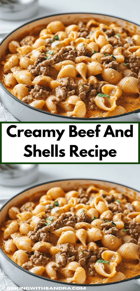 Searching for beef recipes that pack a punch? Discover this Creamy Beef and Shells recipe, featuring rich flavors and tender pasta. It's an ideal choice for a cozy family dinner or a casual gathering. Ground Beef And Pasta, Creamy Beef And Shells, Beef And Shells, Beef And Pasta, Quick Beef Recipes, Comfort Pasta Dishes, Ground Recipes, Shells Recipe, Pasta Shells