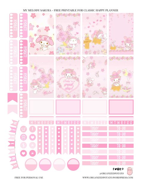 Free Planner Printable: My Melody Sakura – Organized Potato Sanrio Free Printable, Cute Stuff To Print Out, Cute Stuff To Print, My Melody Printables, My Melody Stickers Printable, Printable My Melody, Sanrio Stickers Printable, Sanrio Planner, Planner Pdf Free