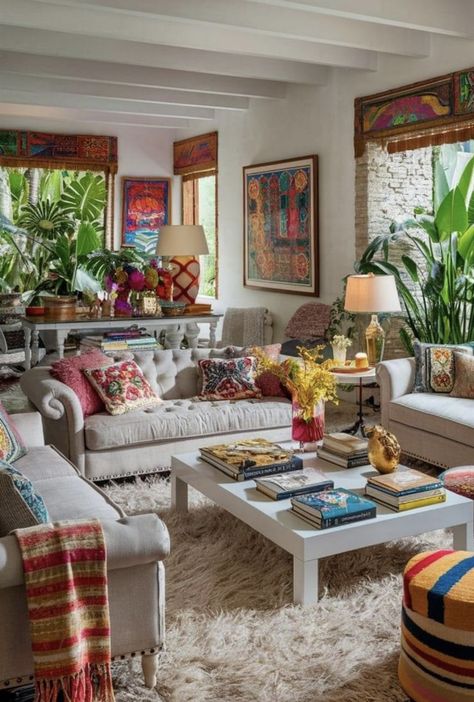 Colourful Boho Apartment, Bohemian Chic Decor Interior Design, Boho Loft Ideas, White Couch Colorful Living Room, Small Maximalist Living Room, Eclectic Apartment Decor Ideas, Minimalist Eclectic Living Room, Colorful Farmhouse Living Room, Simple Eclectic Home