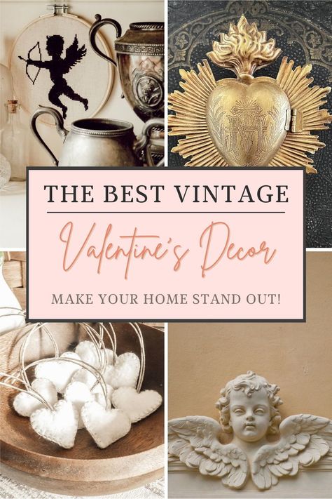 Discover charming vintage-inspired decor ideas to infuse your home with timeless romance this Valentine's Day. Dive into nostalgia now! #vintagevalentinedecor #romanticdecorideas Valentine Mantle Decorating Ideas, Vintage Valentine Decor Ideas, February Decorating Ideas, Vintage Cupid, Vintage Valentine Crafts, Vintage Valentines Decorations, Romantic Table Setting, Vintage Vignettes, Valentine's Decor